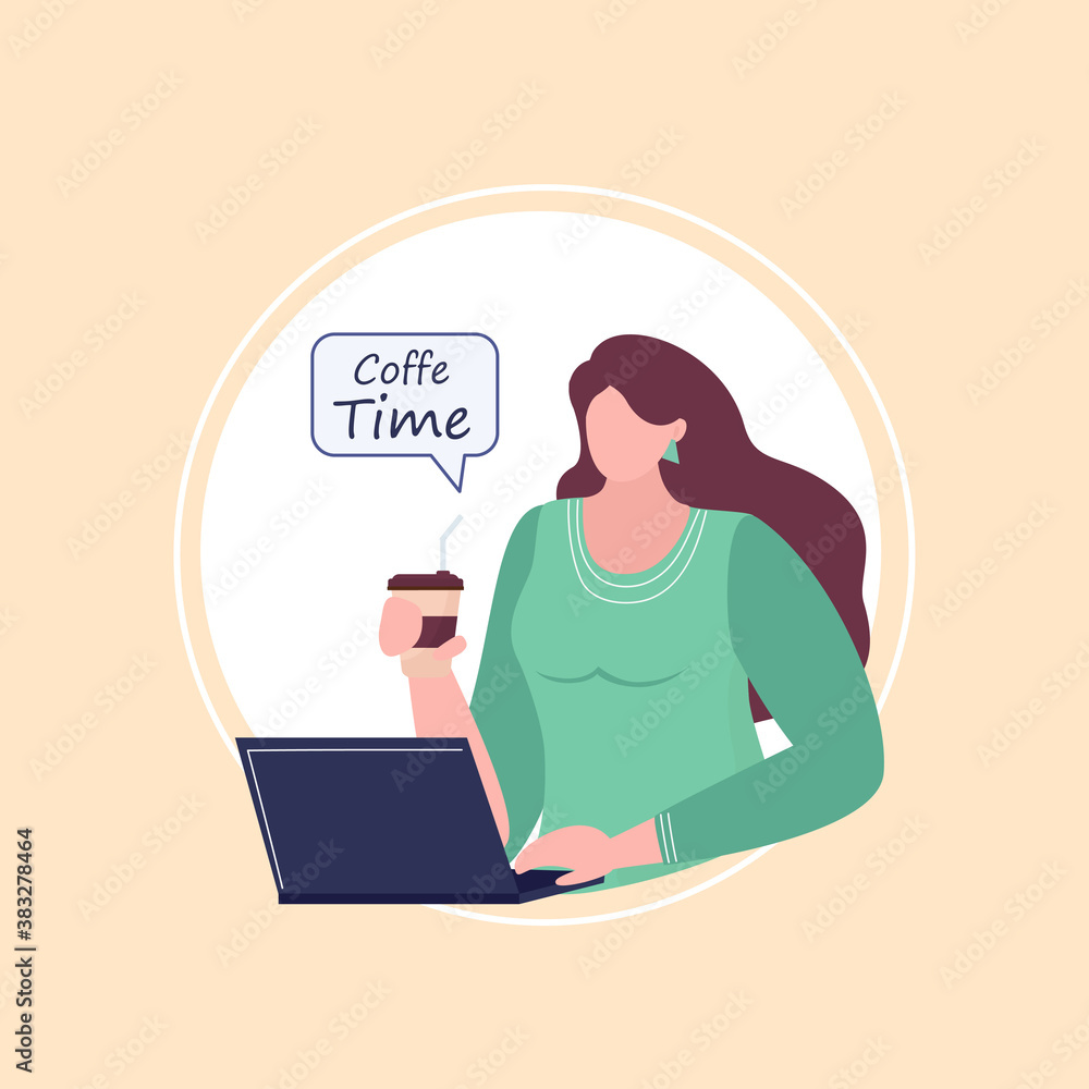 Coffee break concept. Cute girl with coffe cup. Vector illustration for poster, web page, banner Coffee break concept. Cute girl with coffe cup. Vector illustration for poster, web page, banner