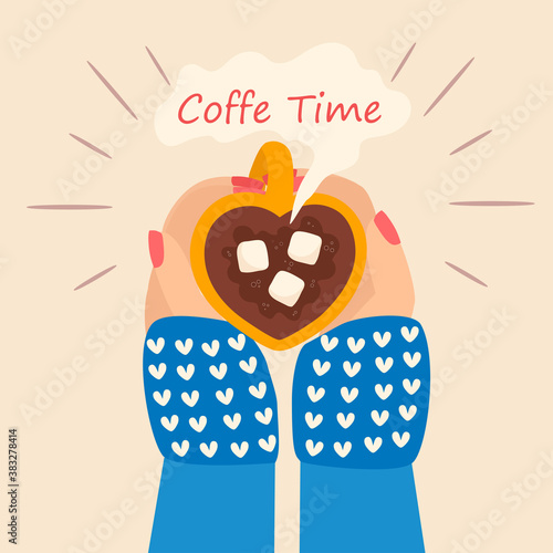 Coffee break concept. Cup of coffee in hands. Vector illustration for poster, web page, banner.