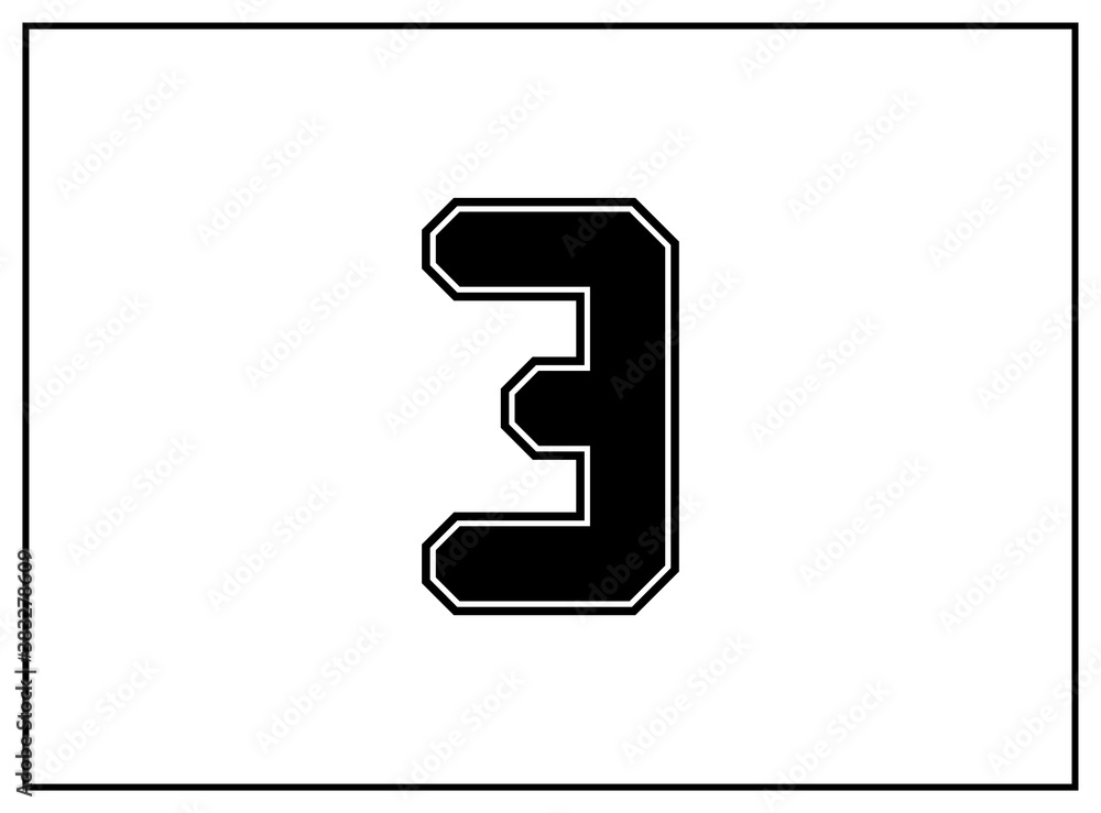 3 number classic american, college style font. Uniform letter in black with a black outside contour line. Vintage sport font.For jersey, t-shirt, basketball, baseball, football. Isolated vector 3 number classic american, college style font. Uniform letter in black with a black outside contour line. Vintage sport font.For jersey, t-shirt, basketball, baseball, football. Isolated vector