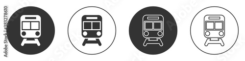 Black Train and railway icon isolated on white background. Public transportation symbol. Subway train transport. Metro underground. Circle button. Vector.