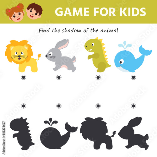 Education game for kids. Find the shadow of the animal. Preschool worksheet activity. Children funny riddle entertainment. Vector illustration