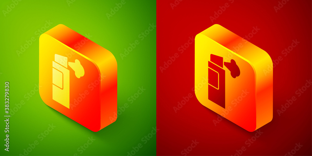 Isometric Pepper spray icon isolated on green and red background. OC gas. Capsicum self defense aerosol. Square button. Vector. Isometric Pepper spray icon isolated on green and red background. OC gas. Capsicum self defense aerosol. Square button. Vector.