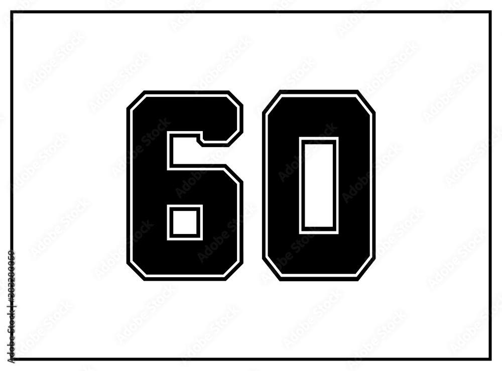 60 number classic american, college style font. Uniform letter in black with a black outside contour line. Vintage sport font.For jersey, t-shirt, basketball, baseball, football. Isolated vector