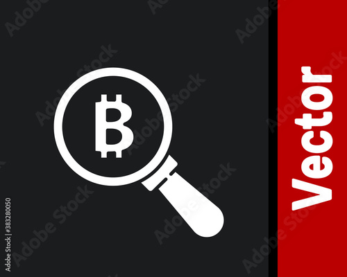 White Magnifying glass with Bitcoin icon isolated on black background. Physical bit coin. Blockchain based secure crypto currency. Vector.
