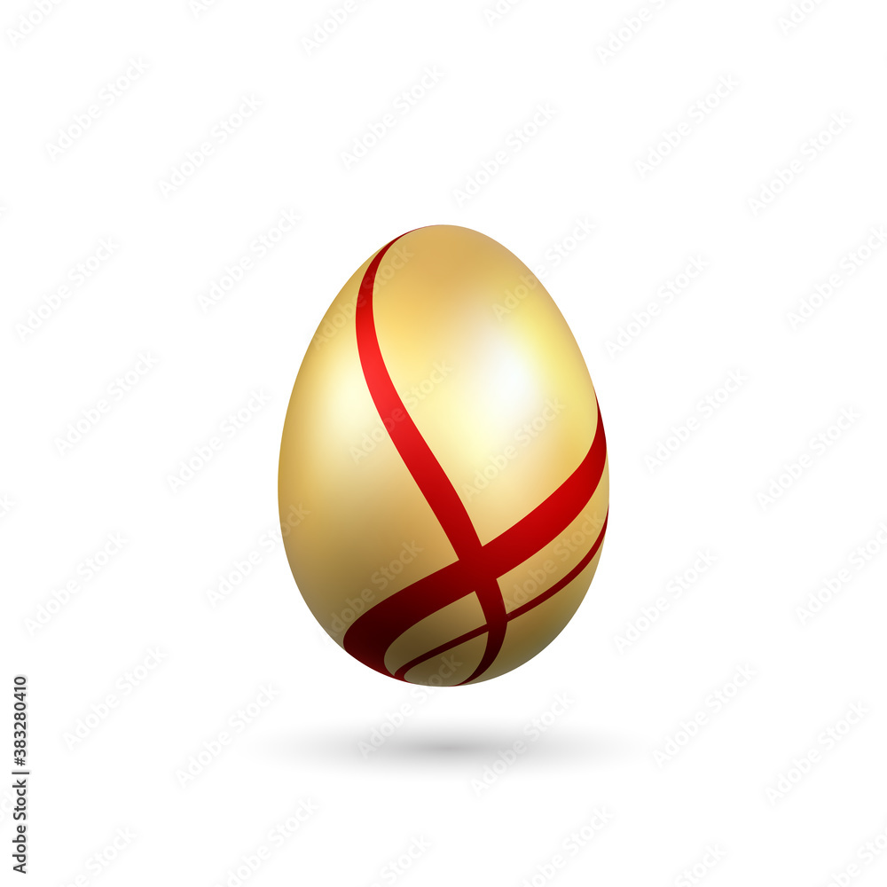Easter egg 3D icon. Gold red egg isolated white background. Golden design template, decoration Happy Easter celebration. Holiday element. Shiny pattern. Traditional symbol spring. Vector illustration