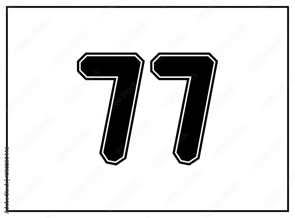 77 number classic american, college style font. Uniform letter in black with a black outside contour line. Vintage sport font.For jersey, t-shirt, basketball, baseball, football. Isolated vector 77 number classic american, college style font. Uniform letter in black with a black outside contour line. Vintage sport font.For jersey, t-shirt, basketball, baseball, football. Isolated vector