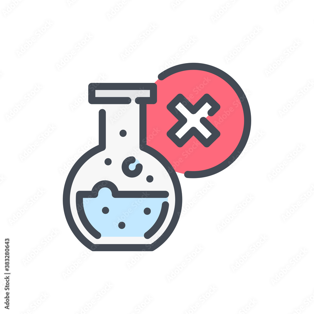 Lab glass bottle with negative result color line icon. Science glassware with liquid and cross vector outline colorful sign. Lab glass bottle with negative result color line icon. Science glassware with liquid and cross vector outline colorful sign.