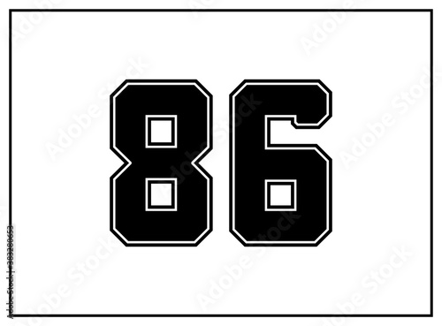 86 number classic american, college style font. Uniform letter in black with a black outside contour line. Vintage sport font.For jersey, t-shirt, basketball, baseball, football. Isolated vector