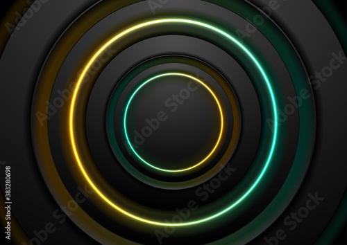 Technology abstract background with black circles and yellow turquoise neon shiny rings. Vector geometrical design