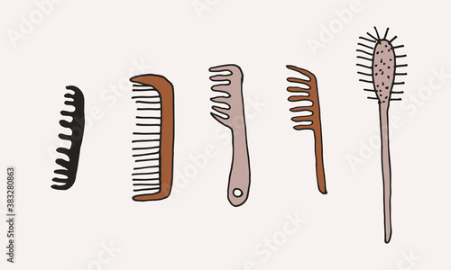 Hand drawn grooming tools. Vector illustration of hairdresser accessories. Barber shop, pet service. Hairbrushes and combs isolated on white background.