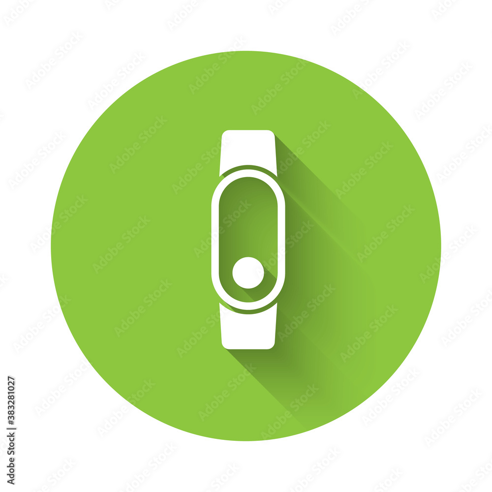 White Smartwatch icon isolated with long shadow. Green circle button. Vector. White Smartwatch icon isolated with long shadow. Green circle button. Vector.