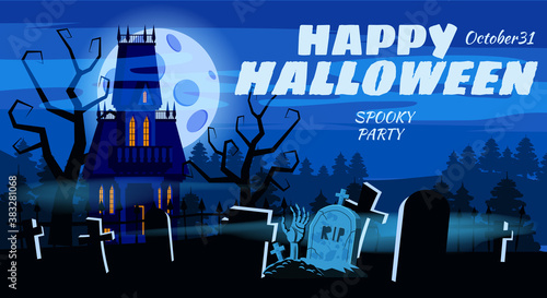 Happy Halloween Lonely scary abandoned mansion cemetery graves. Vector isolated cartoon style poster banner card