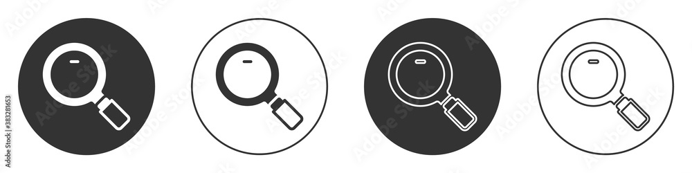 Black Magnifying glass icon isolated on white background. Search, focus, zoom, business symbol. Circle button. Vector. Black Magnifying glass icon isolated on white background. Search, focus, zoom, business symbol. Circle button. Vector.