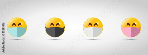 Set emoji in colorful mouth masks. Virus protection. Yellow emoji icon on grey template. Vector