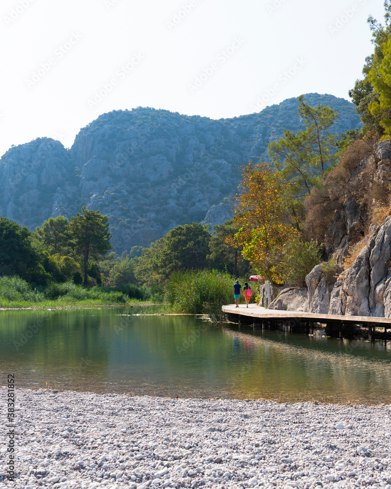 Tourists on the way of ancient roman city Olympos just near a the river, Antalya/Turkey: