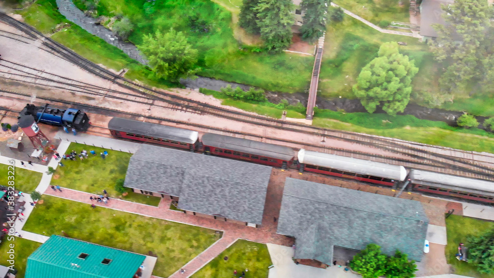 Aerial view of train station in the countryside