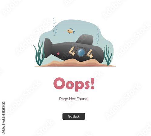 Error 404 page. Oops! Sorry, page not found. A sunken submarine. Flat illustration for web.