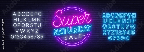 Super Saturday Sale neon sign on brick wall background. Yellow and white neon alphabets. Template for discount.