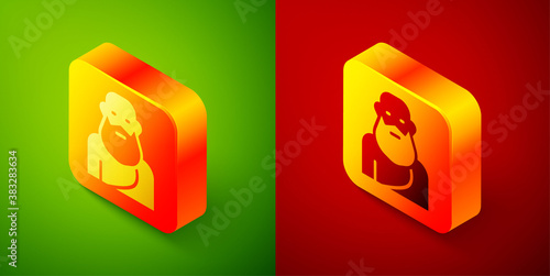 Isometric Socrates icon isolated on green and red background. Sokrat ancient greek Athenes ancient philosophy. Square button. Vector.