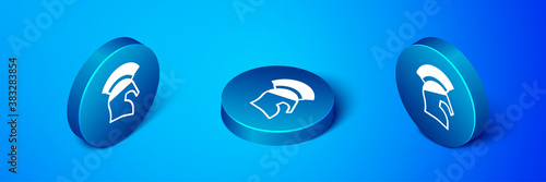 Isometric Greek helmet icon isolated on blue background. Antiques helmet for head protection soldiers with a crest of feathers or horsehair. Blue circle button. Vector.