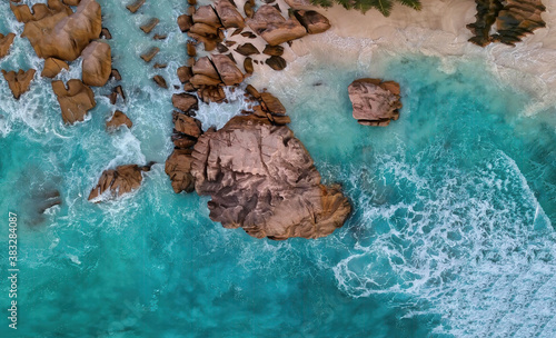 Aerial view of amazing Seychelles Beach. Downward drone viewpoint