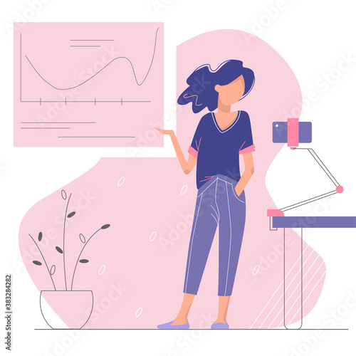 Stylish young woman educates training online. Work and study from home. Remote communication. Cartoon abstract girl on freelance. Vector illustration.
