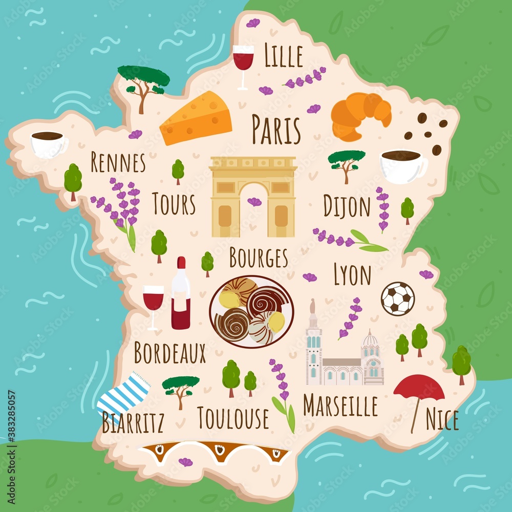 Cartoon map of France. Travel illustration with landmarks, buildings