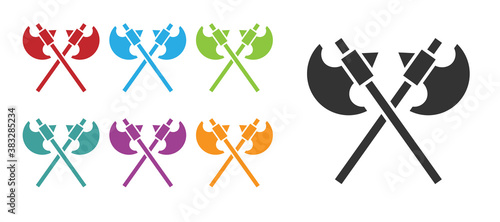 Black Crossed medieval axes icon isolated on white background. Battle axe, executioner axe. Medieval weapon. Set icons colorful. Vector.