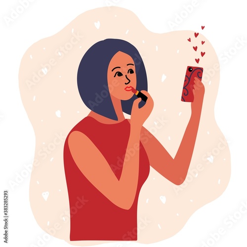 Woman beauty blogger showing latest trend in lips makeup tutorials. Creating content and posting it on social media. online channel concept, female video streamer cartoon vector illustration.