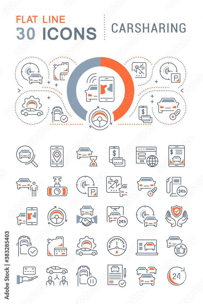 Set Vector Line Icons of Carsharing. Set Vector Line Icons of Carsharing.