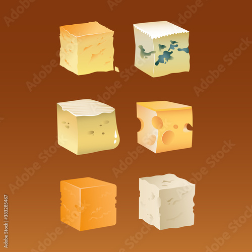 Cartoon cheese cubes. Set of different pieces of cheese.