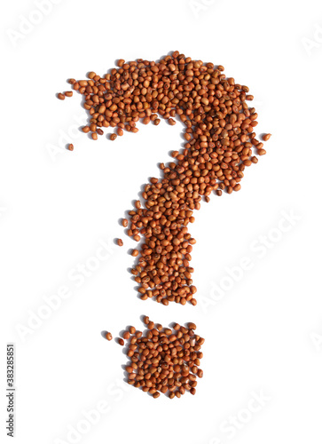 A question mark made up of beans on a white background