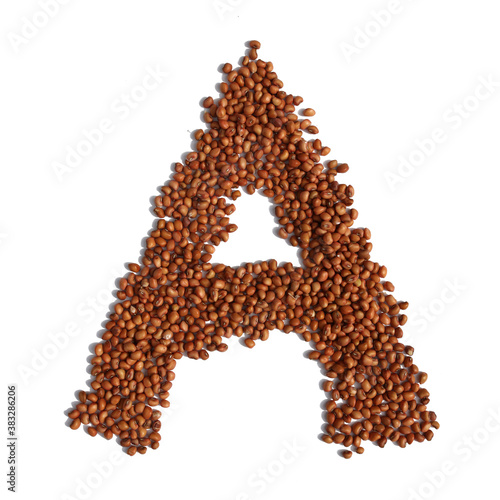 On the white background board, the letter A consists of beans