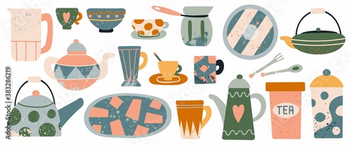 Tea utensil set. Hand drawn textured colorful kitchen cartoon ceramic breakfast tableware, cute teapot, cup and mug, plate and bowl. Cartoon home or cafe pottery crockery flat vector big collection