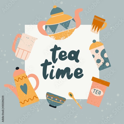 Tea time lettering. Hand drawn textured colorful kitchen cartoon teapot, ceramic cup and mug geometric pattern. Cartoon home or cafe crockery poster flat vector banner or flyer illustration
