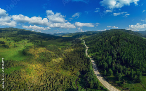 Chuysky trakt road in the Altai mountains. One of the most beautiful road in the world. Aerial drone shot