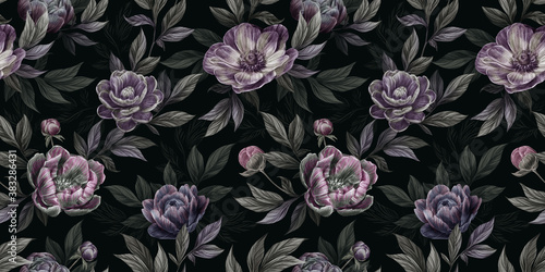 Floral seamless graphic pattern with vintage peonies, anemone, leaves and flowers. Hand-drawn illustration. Trendy glamorous design. Good for production wallpapers, cloth and fabric printing.