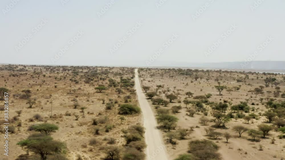 Aerial shot Arusha Tanzania. Drone flying over the road along which there are trees in the savannah with yellow sand and in the background you can see the mountains and the lake.
Aerial shot Arusha Tanzania. Drone flying over the road along which there are trees in the savannah with yellow sand and in the background you can see the mountains and the lake.