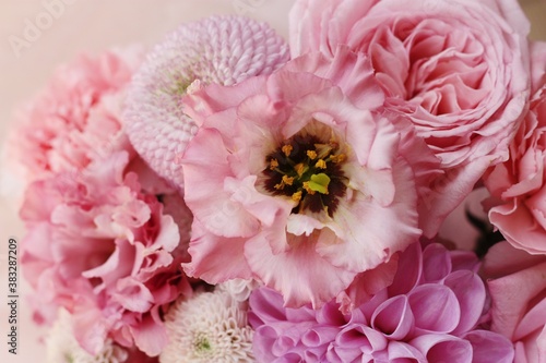 Beautiful bouquet of pink flowers close up 