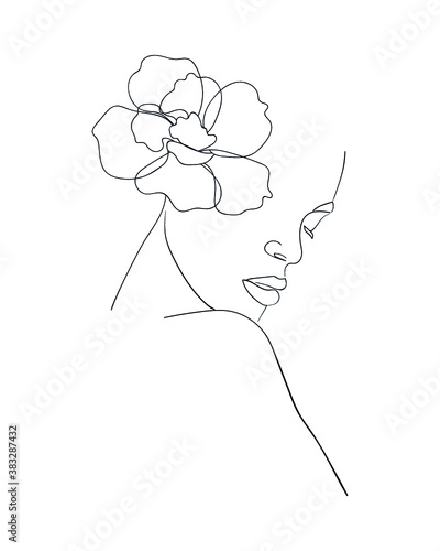 Portrait of beautiful woman with flower on head.  Line drawing. - Vector illustration.