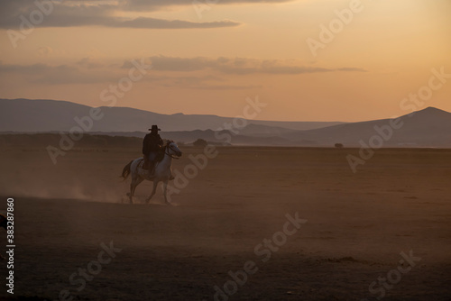 Wild horses run in foggy at sunset. Between Cappadocia and Kayseri  Turkey