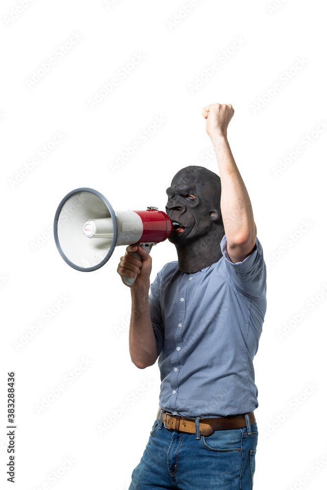 Man in Gorilla Mask Protesting on Megaphone Isolated Cutout Man in Gorilla Mask Protesting on Megaphone Isolated Cutout