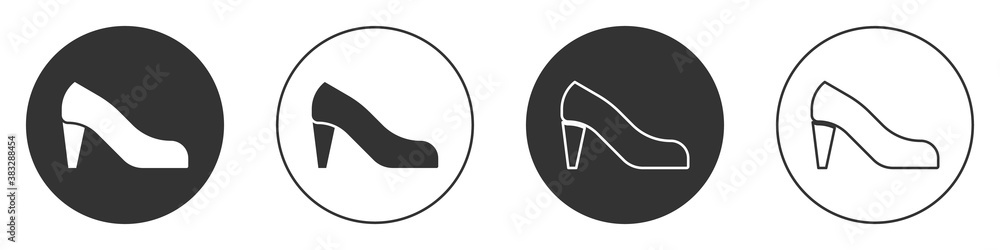 Black Woman shoe with high heel icon isolated on white background. Circle button. Vector. Black Woman shoe with high heel icon isolated on white background. Circle button. Vector.