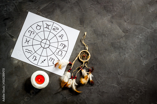 Quadro em tela Horoscope wheel of zodiac symbols on work place