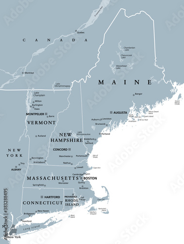 New England region of the United States of America, gray political map. Maine, Vermont, New Hampshire, Massachusetts, Rhode Island and Connecticut with capitals and borders. Illustration. Vector.