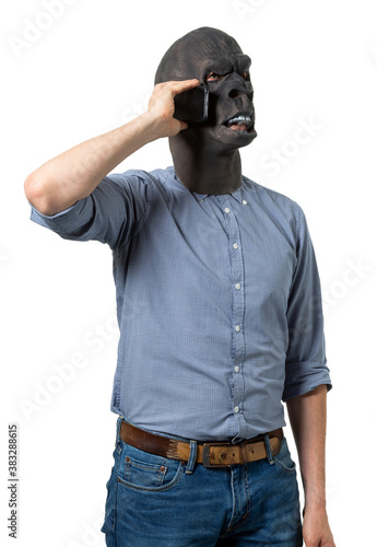 Man in Gorilla Mask Talking on Mobile Phone Isolated Cutout