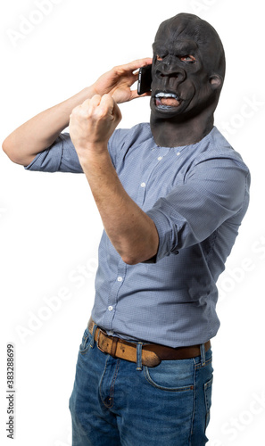 Man in Gorilla Mask Talking on Phone and Shaking Fist Isolated Cutout