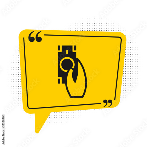Black Fast payments icon isolated on white background. Fast money transfer payment. Financial services, fast loan, time is money, cash back concept. Yellow speech bubble symbol. Vector.