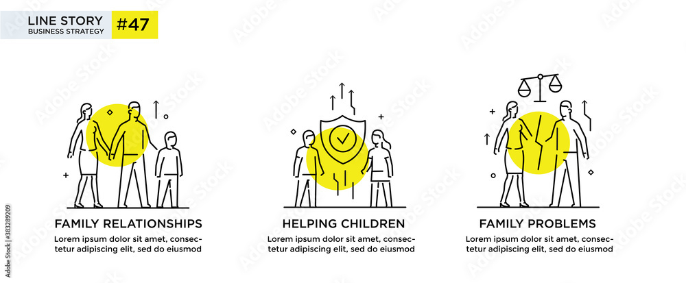 Set of illustrations concept with people family and social issues. linear illustration Icons infographics. Landing page site print poster. Line story