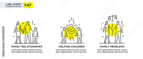 Set of illustrations concept with people family and social issues. linear illustration Icons infographics. Landing page site print poster. Line story